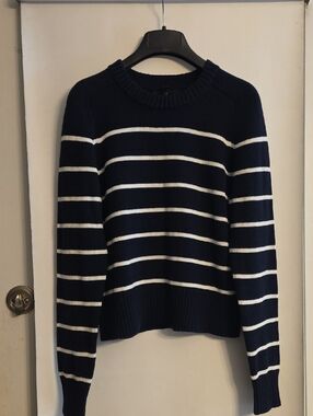 Banana Republic Navy and White Striped Crewneck Sweater Cotton Silk Blend